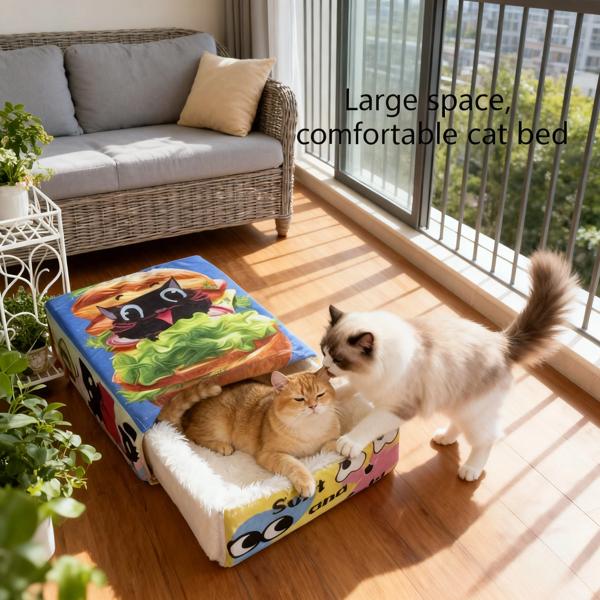 BOOTEELY-cama de felpa de gato negro con hamburguesa de dibujos animados, nido para mascotas acogedor y espacioso, diseño de caja de aperitivos, descanso cómodo para gatos - imagen 2