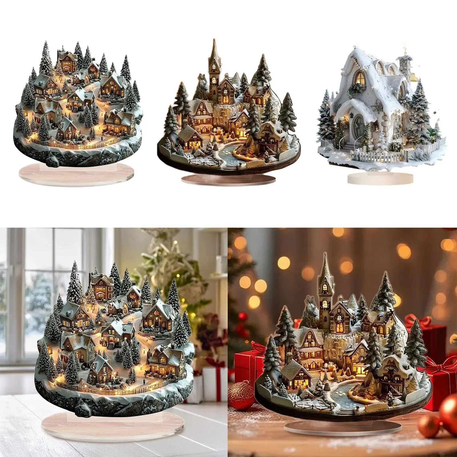 Christmas Decorations with Base Crafts Tabletop Decor Snow Scene House Tabletop Sign Acrylic 2D Flat for Table Home Living Room