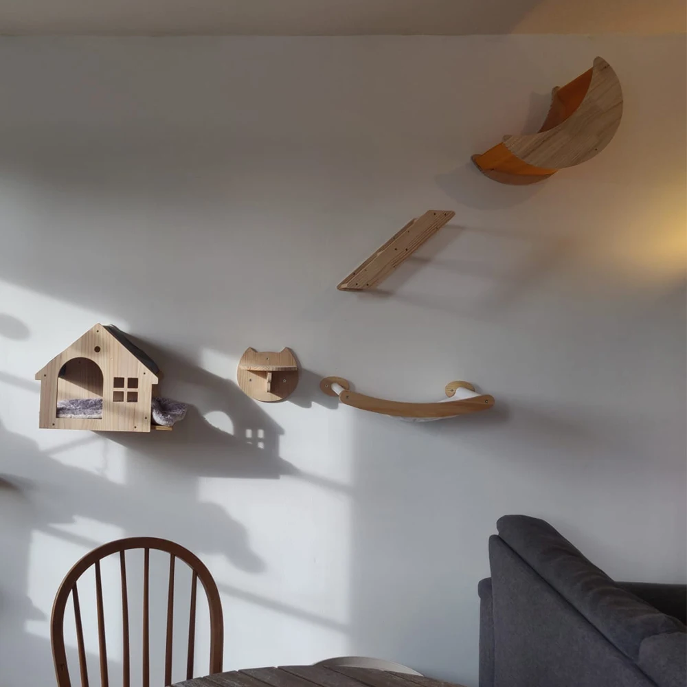 Hamaca en forma de luna de gato montada en la pared con plataforma de salto o escalera de madera, muebles de pared de gato DIY para gatito durmiendo jugando - imagen 2