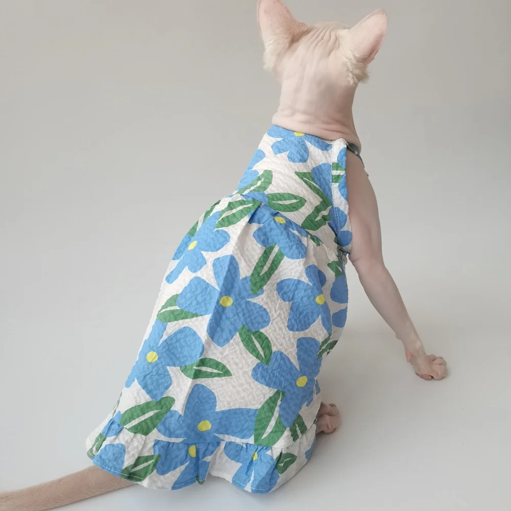 Falda floral de algodón naranja para gato Sphynx Vestido dulce azul de verano para gato sin pelo Camisola suave y transpirable para gatitos
