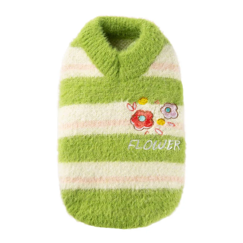 Suéter a rayas para mascotas de otoño e invierno, suéter de dos piernas con flores bordadas, abrigo para mascotas, ropa para perros y gatos, ropa para cachorros pequeños - imagen 5