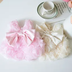 Vestido rosa de primavera con lazo para perros pequeños y gatos
