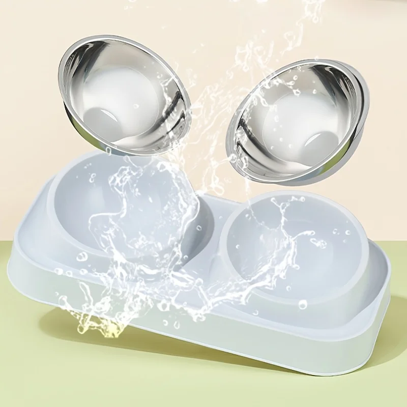 Comedero plegable de plástico/acero inoxidable para gatos, cuenco doble antideslizante para mascotas con soporte, cuenco para beber para gatos elevado, accesorios para gatos