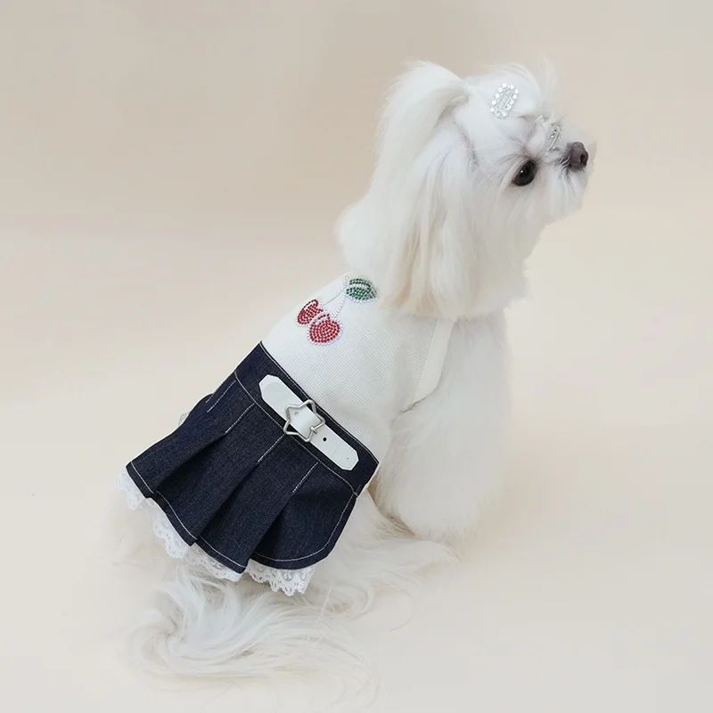 Vestido plisado mezclilla perro pequeño encaje pedrería cereza Maltese - imagen 5