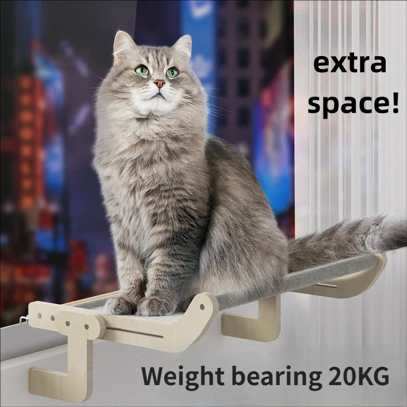 Cama para gatos amplia para ventana con marco de madera colgante
