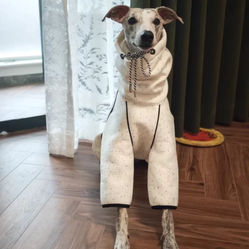 Sudadera de forro polar azul grueso para perros machos en invierno Abrigo con capucha ajustable de cuello alto de cuatro patas para galgos italianos Chaqueta blanca de manga larga para Whippet en día de nieve - imagen 3