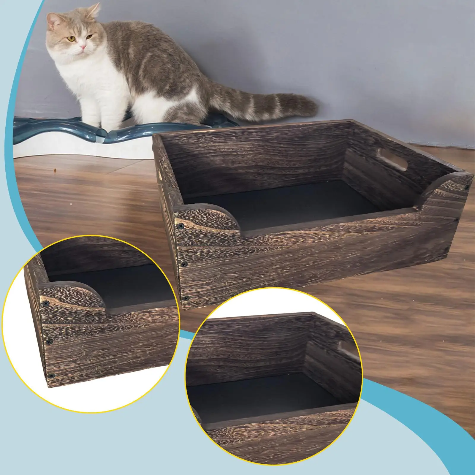 Inodoro de arena para gatos de madera resistente para gatos pequeños y grandes, sartén semicerrada para esquina, dormitorio, balcón, apartamento - imagen 3