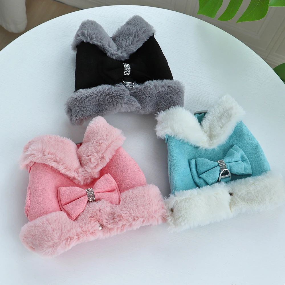 Arnés de invierno para perros, conjunto de correas, arneses cálidos para cachorros y gatos, bonito chaleco con lazo para perros, cuerda de plomo para caminar para perros pequeños, gatos, Yorkshire - imagen 2