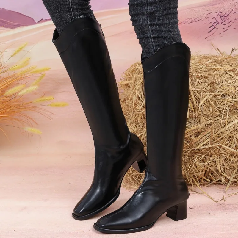 Nuevas botas informales de tacón cuadrado con cremallera y punta redonda para mujer, botas de tubo medio antideslizantes cómodas y elegantes para invierno