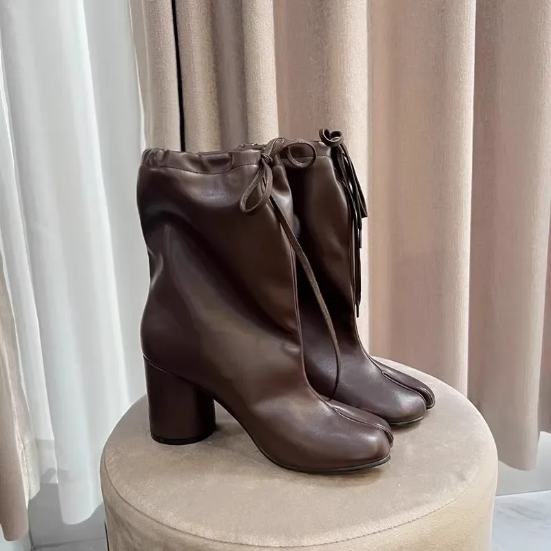 Nuevos botines Tabi para mujer, tacones altos, botas con punta abierta, botas Tabi de tubo ancho a la moda con cordones, zapatos con punta abierta para mujer - imagen 5