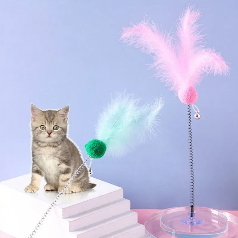 Juguete de pluma de primavera para gatos, palo interactivo de bola de lana con campana, ventosa, palos para mascotas - imagen 3