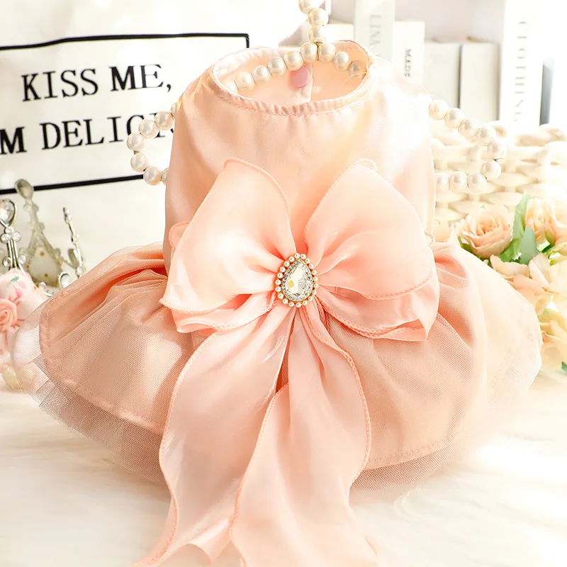 Vestido de malla de rosa brumosa para cachorros pequeños, traje de boda Bouffant transpirable con lazo desmontable, ropa para mascotas de primavera y verano - imagen 2