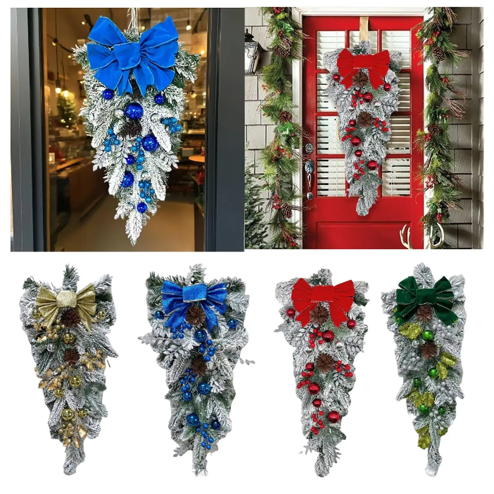 Door Wreath Flocked Artificial Christmas Swag Teardrop Realistic Garland Hanging