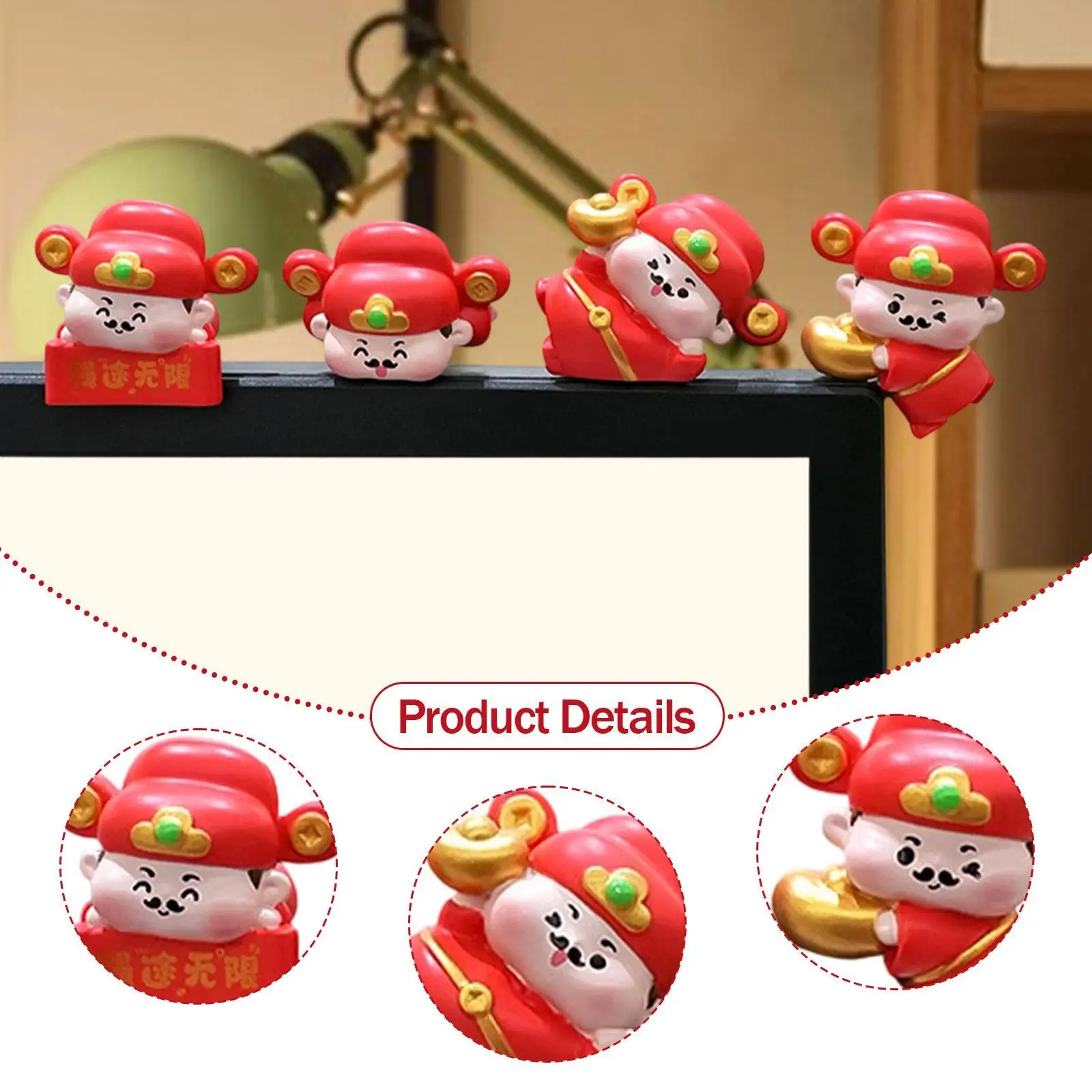 4 Pieces Mini God of Wealth Statues Creative Funny Small Sculptures Computer Monitor Decoration Ornaments for Desk Home Desktop