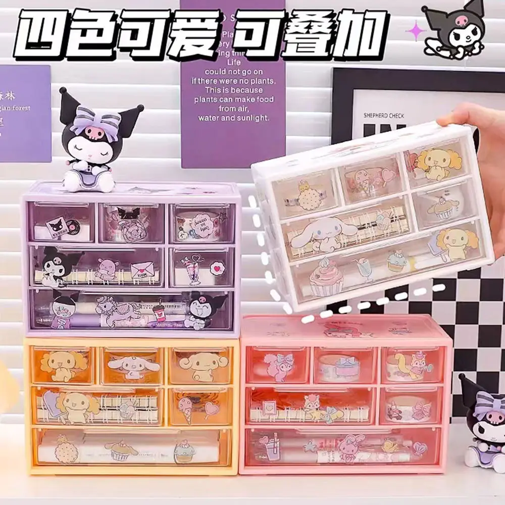 Sanrio-caja de almacenamiento de 6 rejillas, organizador transparente tipo cajón de escritorio, soporte para bolígrafo, enviar pegatinas de Cinnamoroll de melodía Kuromi - imagen 5