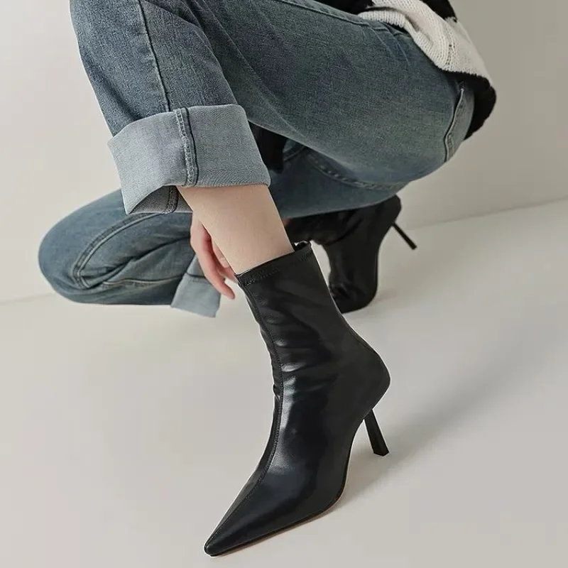 2024 nuevo Otoño Invierno puntiagudos botines de mujer zapatos de moda con cremallera tacón alto fino botines cortos Morder para mujer - imagen 3