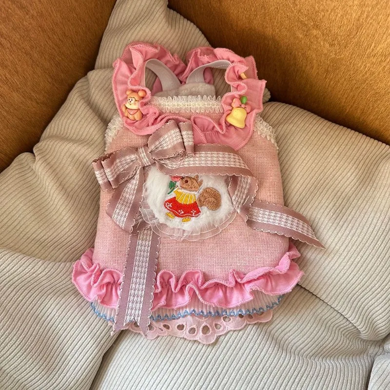 Vestido rosa de otoño/invierno con lazo para cachorros Yorkshire - imagen 4