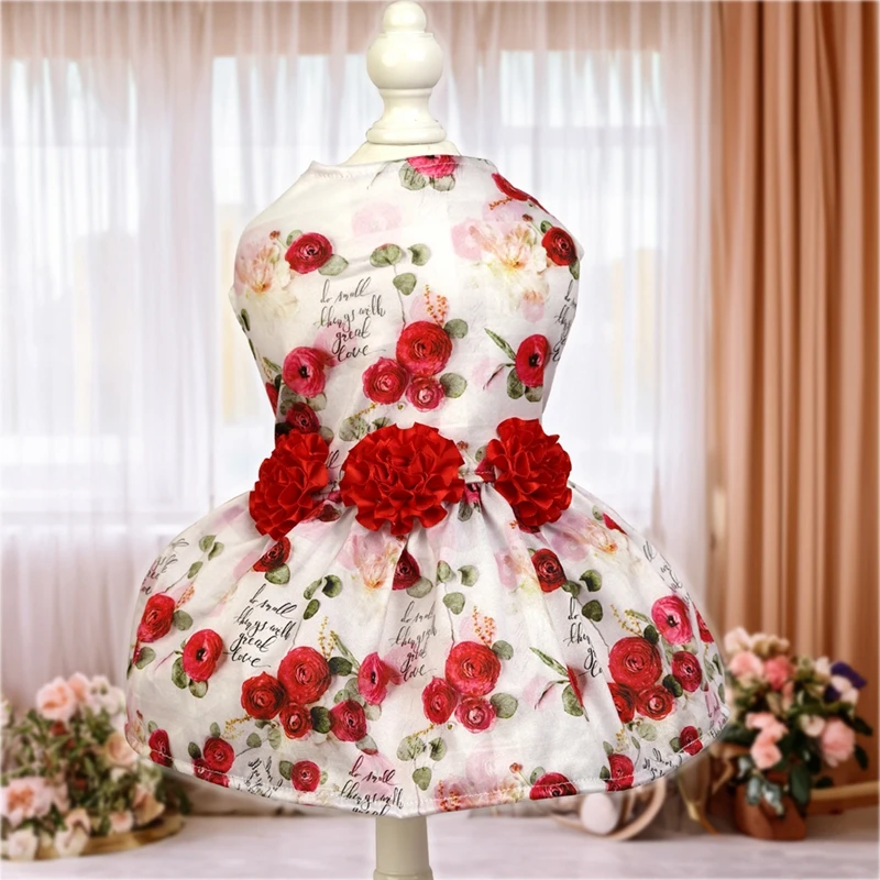 Vestido para perro Primavera Verano falda para cachorro vestido de princesa ropa para mascotas flor corazón encantador patrón sin mangas vestidos de boda para perros - imagen 4