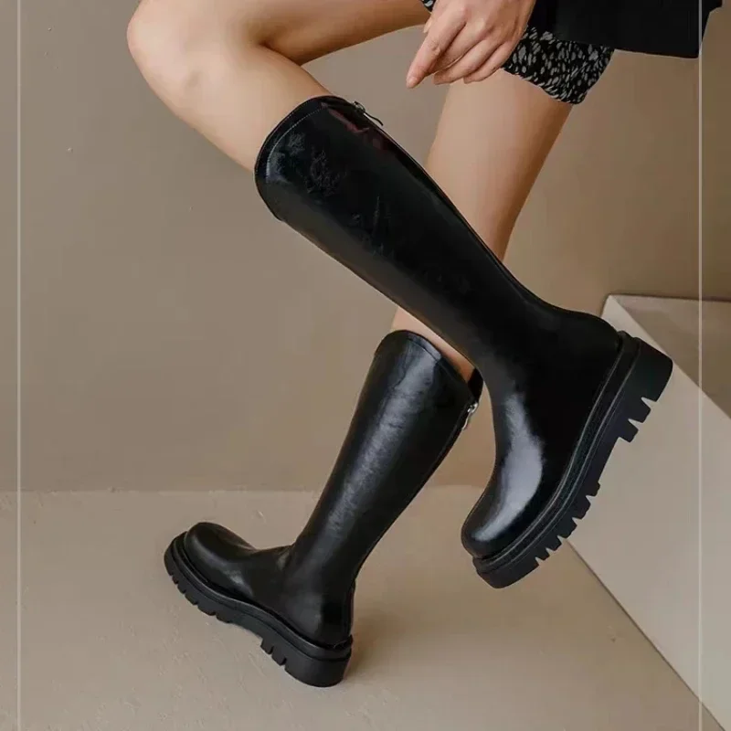 Botas de cuero hasta la rodilla para mujer, zapatos de tacón medio con cremallera, suela gruesa, Color sólido, tendencia de otoño, 2023 - imagen 3