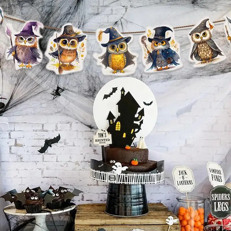 Adornos de pared de búho de mago, decoración de Halloween, tema de Halloween, Banner de búho con cuerda para el hogar, 8/16 piezas - imagen 4