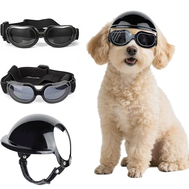 Conjuntos de casco y gafas de sol para perros de razas pequeñas, casco de motocicleta con orificios para las orejas, lindas gafas para perros para conducir al aire libre