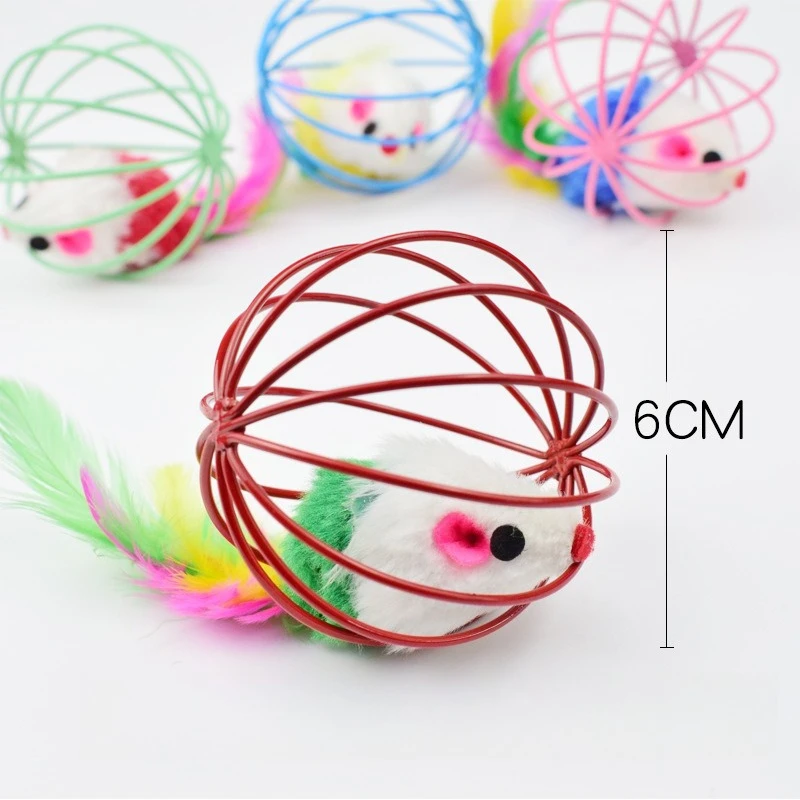 Juguete para gato con forma de jaula y ratón con cola de plumas, juguete interactivo colorido para perseguir, juguete con bola rodante, 1 pieza de accesorios para gatos de Color aleatorio - imagen 5