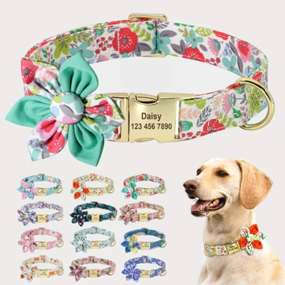 Collar de perro personalizado con estampado de flores, collares de identificación de perro de nailon, placa de identificación grabada gratis para perros pequeños, medianos y grandes, Chihuahua Pug