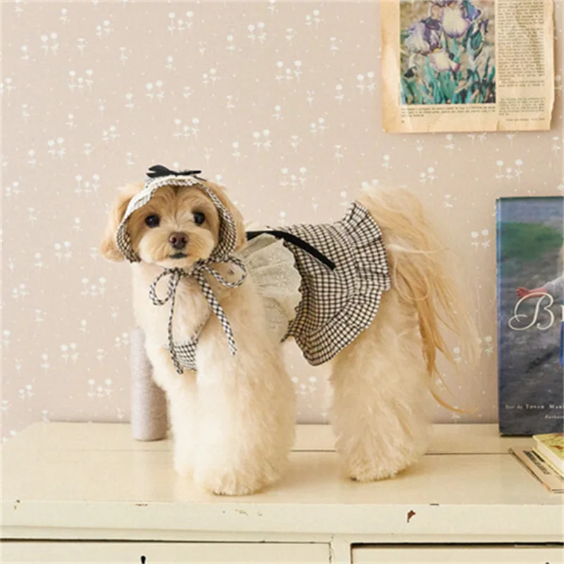 Vestido a cuadros de primavera para mascotas, conjunto de sombrero bonito, ropa para perros y gatos, falda de princesa a cuadros de encaje con lazo, ropa para cachorros pequeños - imagen 5