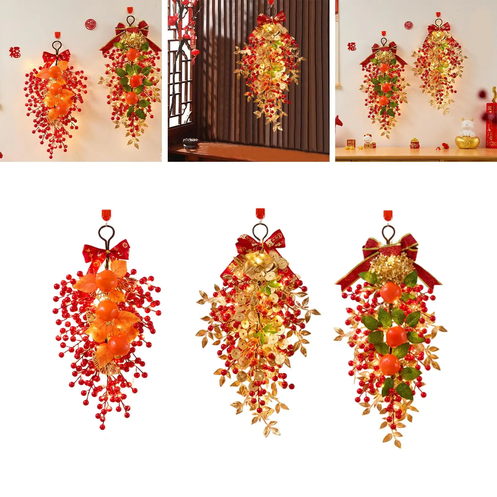 Corona de Año Nuevo Chino, decoración de puerta Floral roja de PVC, guirnalda Artificial con luces Led para entrada de casa - imagen 3