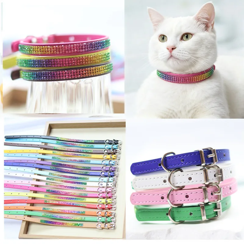 Collar ajustable cuero PU cristales arcoíris para gatos y perros mini - imagen 2