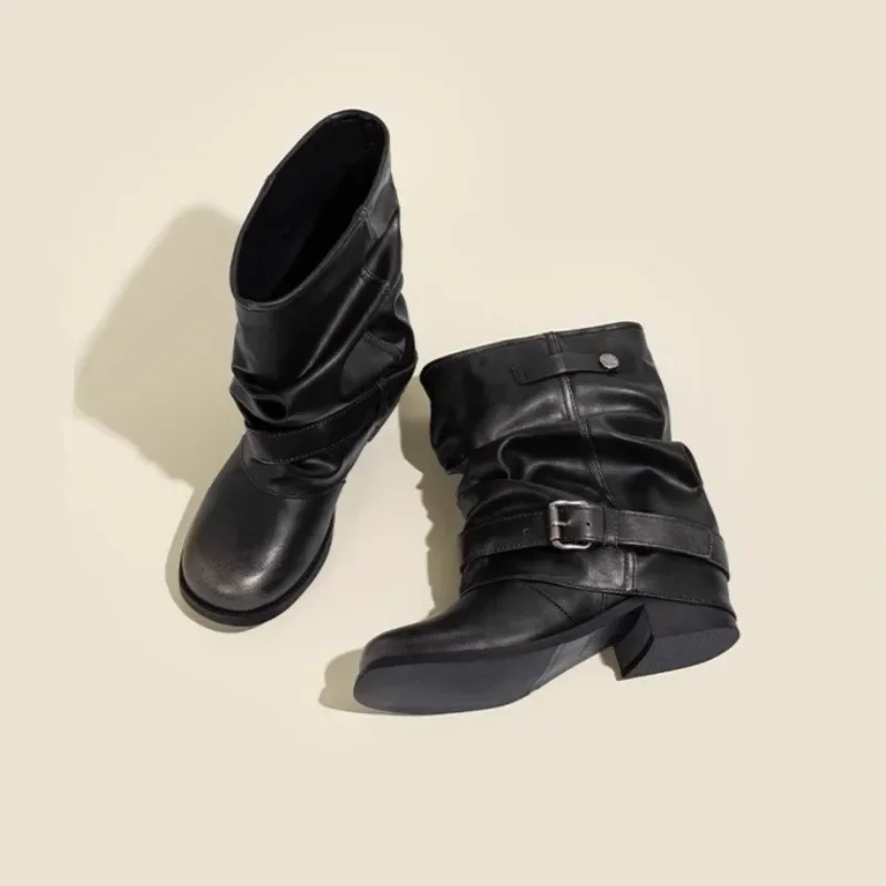 Botas cortas plegadas cómodas para mujer, botines de tubo ancho, Material de poliuretano a la moda, punta cuadrada, suela de goma - imagen 4