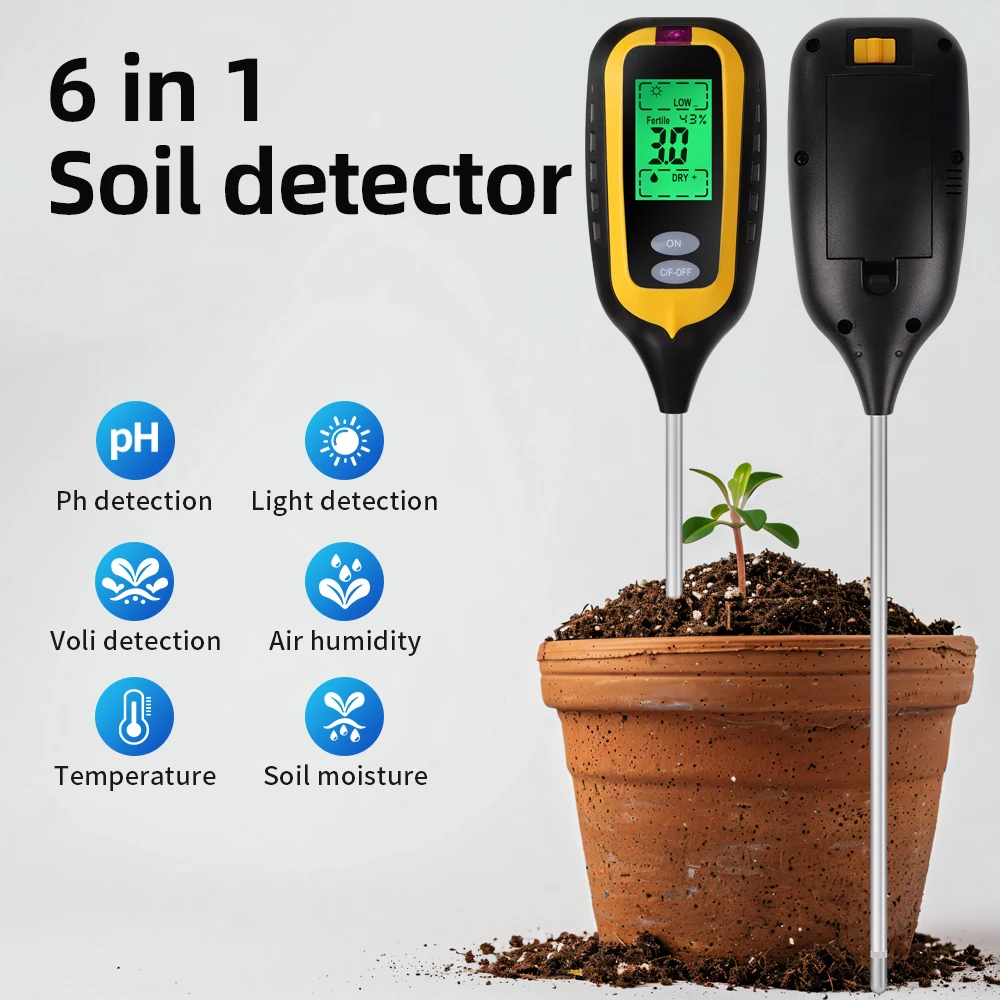 Handheld Soil Tester 6 in 1 Fertility pH Temp Moisture Light Humidity Meter LCD Soil PH Detector Plant Garden Soil Analyser - imagen 3