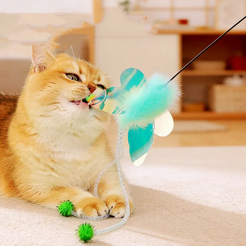 Varita de plumas interactiva para gatos con mariposa y alambre acero
