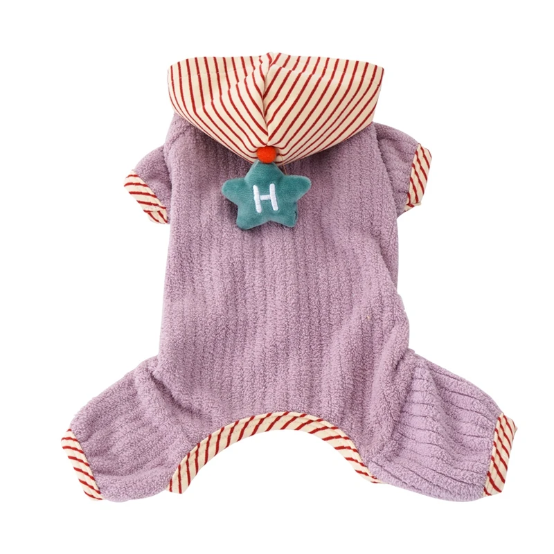 Lindo mono para perros con capucha a rayas, mono para mascotas con decoración de estrella H, ropa cálida de invierno para perros pequeños Yorkie Bichon