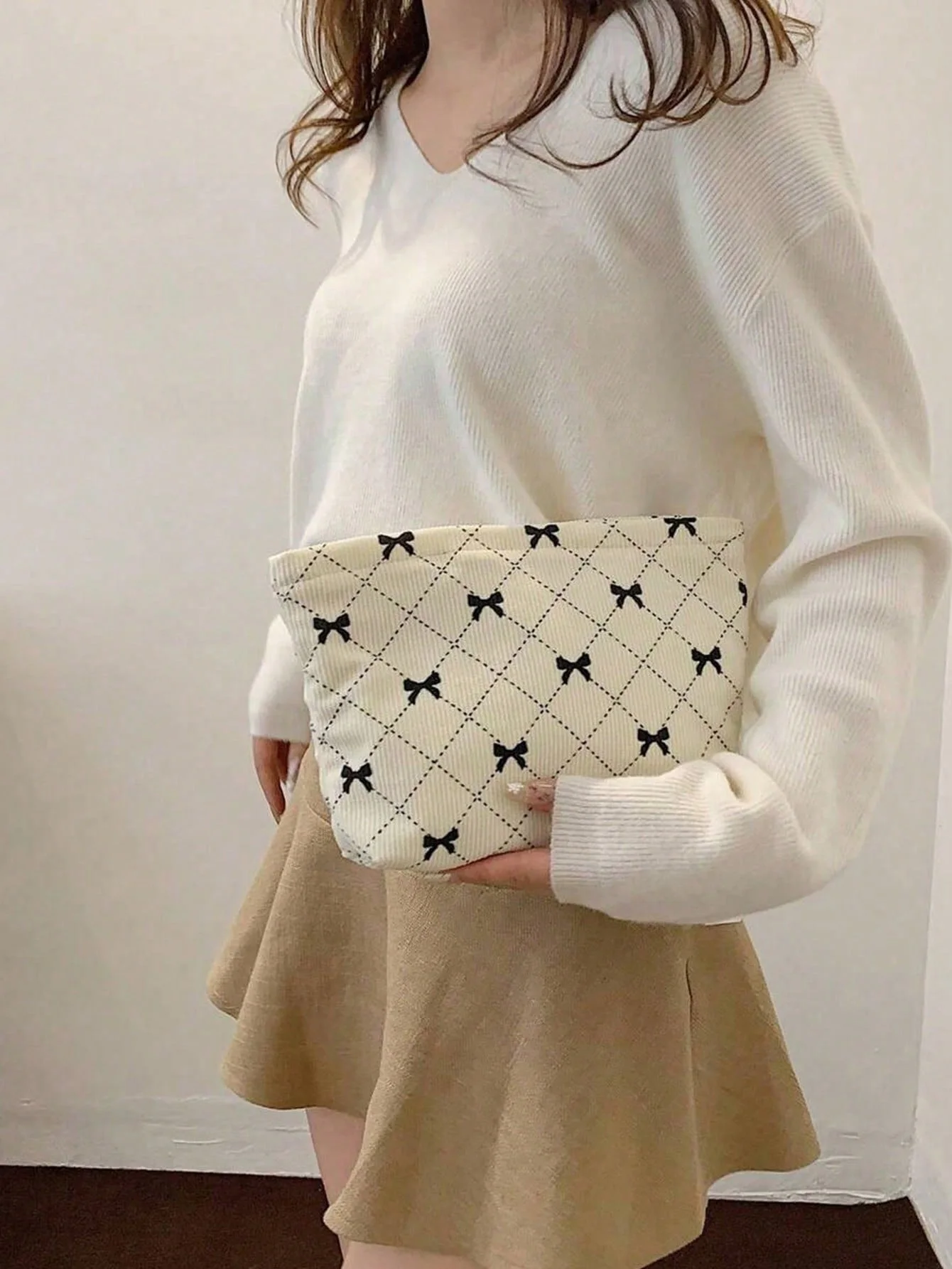 Neceser de tela acolchada con cremallera – Estilo coreano moderno en pana color mostaza