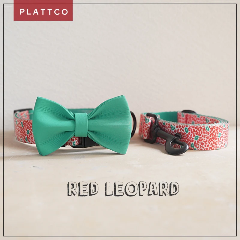 PLATTCO, collares personalizados de nailon con diseño de leopardo rojo para mascotas, conjunto de correa de pajarita ajustable prsonalizado para perros pequeños, medianos y grandes PDC332