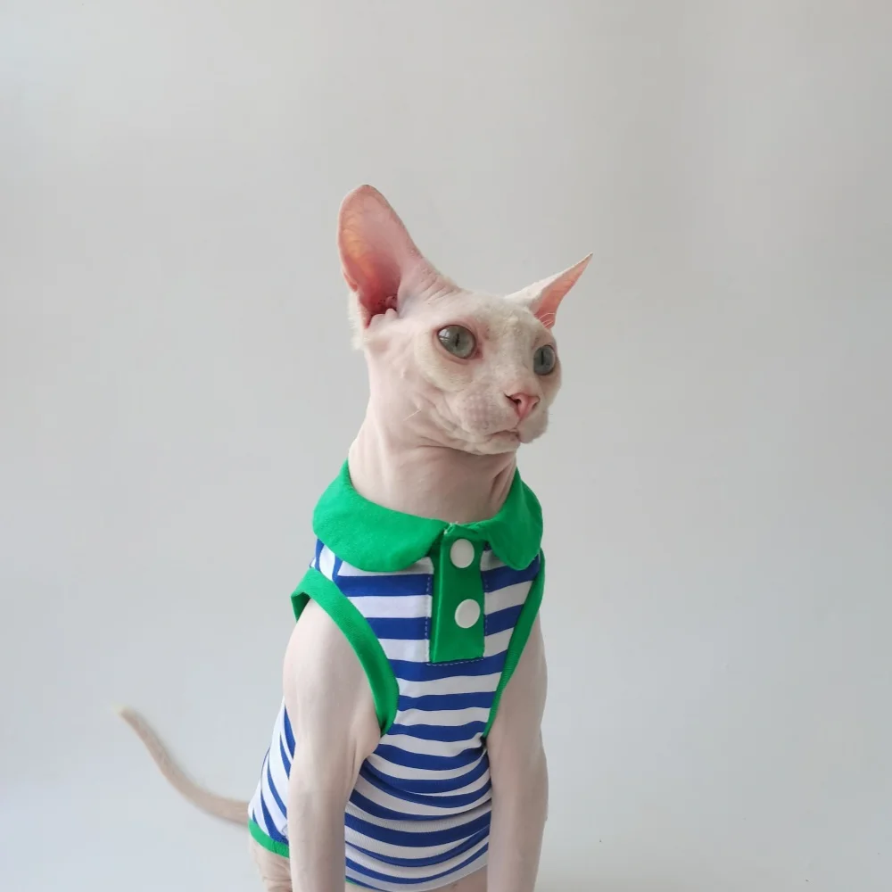 Cartoon Striped T-shirt for Sphynx Cat in Spring Summer Cute Blue Dinosaur Polo Suit Black Sleeveless Fashion Vest for Devon Rex - imagen 5