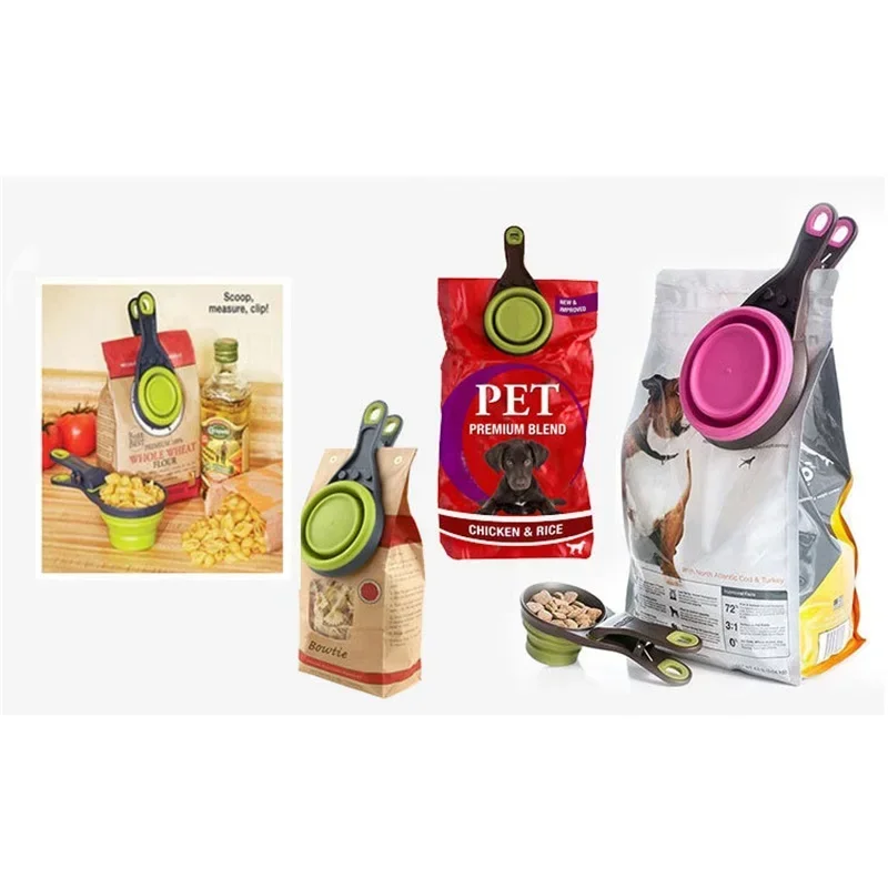 Cuenco plegable de silicona para mascotas, cuchara de comida, bolsa de comida plegable para perros, tazón de agua, taza medidora, suministros alimentadores para cachorros, Clip de almacenamiento de aperitivos - imagen 4