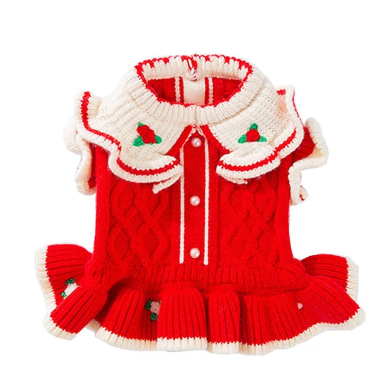 Pet Otoño/Invierno tejido princesa falda cuello pequeña flor bordado suéter Navidad/Año Nuevo abrigo para mascotas ropa para cachorros - imagen 5