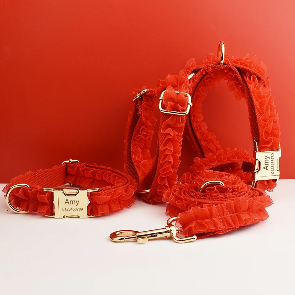 Collar de perro de encaje rojo grabado personalizado-Accesorios de lujo para perros PetHarness personalizados con placa de identificación para encaje de boda06