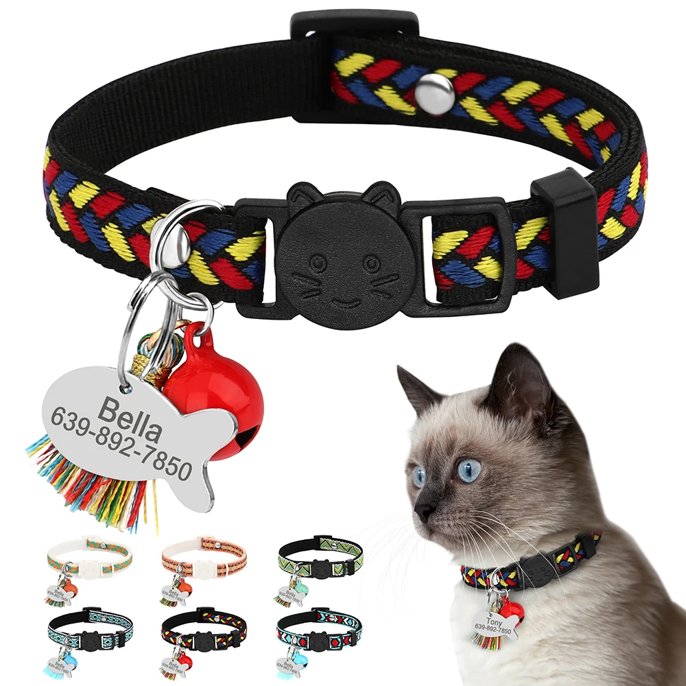 Collar de gato de liberación rápida en 11 colores, collares de seguridad personalizados para gatos, etiqueta de identificación grabada gratis, placa de identificación con bonito regalo de campana