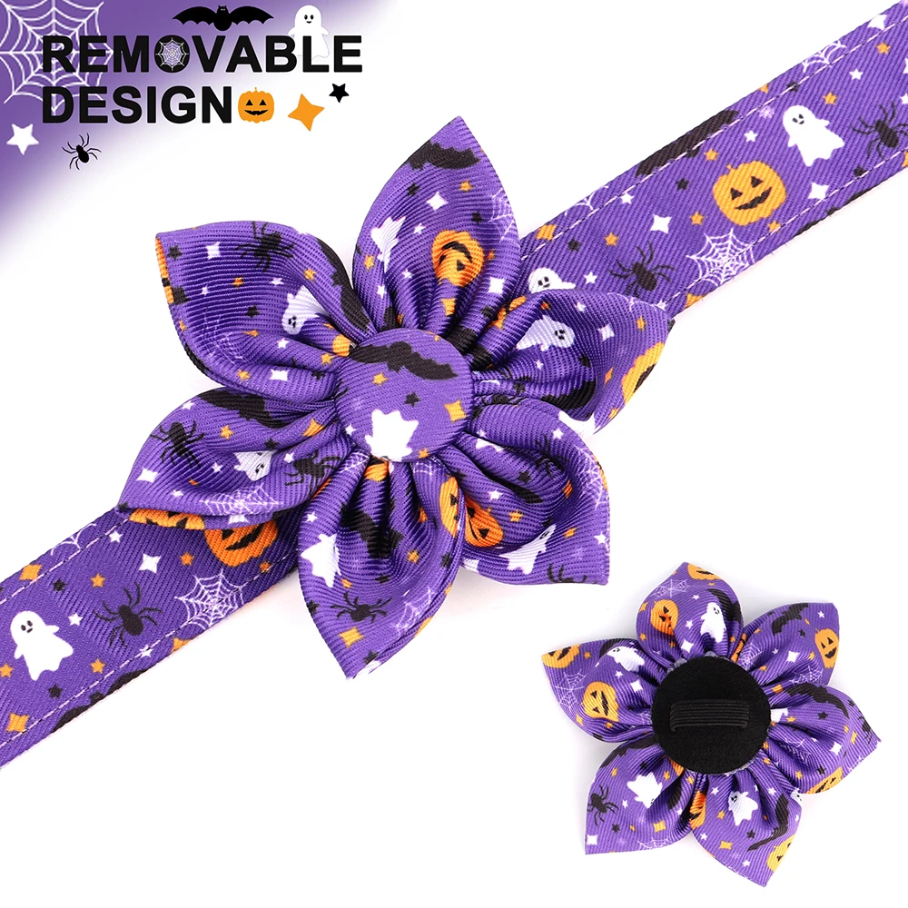 Lindo Collar de perro de Halloween con estampado de fantasma de calabaza, Collar de Halloween para mascotas, collares con accesorio de flores para Chihuahua Pug Pitbull - imagen 5