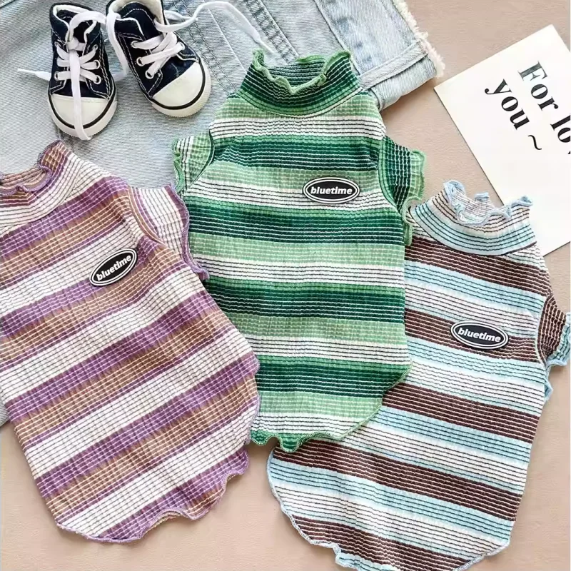 Ropa suave de otoño para perros, camisa a rayas a la moda para perros, bonitos jerseys de encaje para cachorros, camiseta con parte inferior para gatos, chaleco para mascotas, trajes de Bichon para caniche - imagen 5