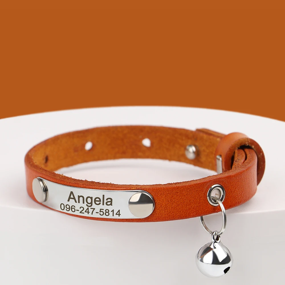 Collar de gato personalizado, collares de cuero ajustables para gatos, collares personalizados con nombre de cachorro y gatito, accesorios antipérdida para gatos - imagen 4
