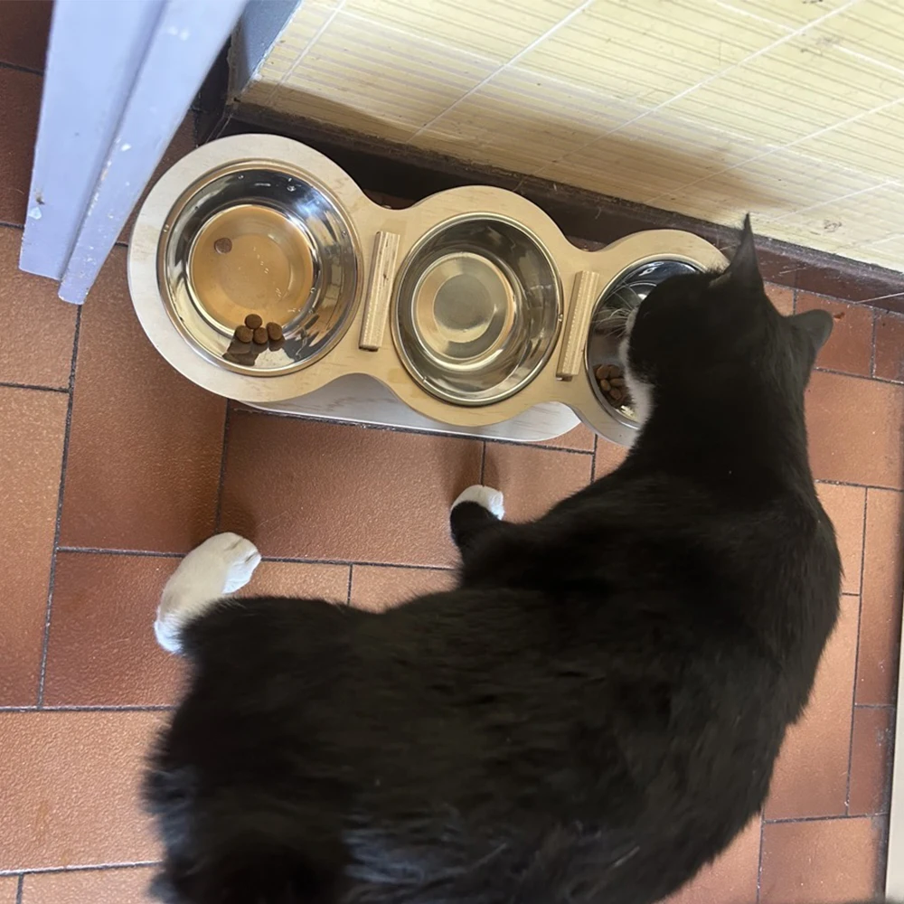 Comedero elevado para mascotas de 3 tazones, soporte elevado de madera con cuencos de acero inoxidable para interiores, gatos y perros pequeños, cuencos para comer saludable para mascotas - imagen 5
