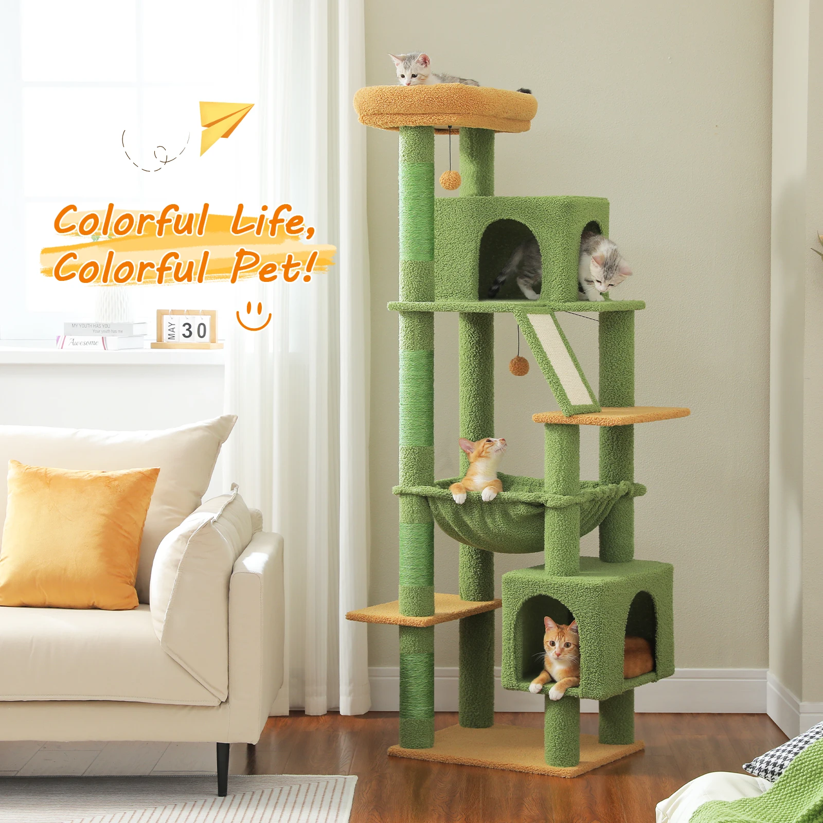 Árbol para gatos de varios niveles con 2 acogedores condominios, poste rascador de sisal, hamaca grande, torre de gato alta de lujo para gatos grandes, rascadora para gato, cama casa para gatos, juguetes para gatos - imagen 5
