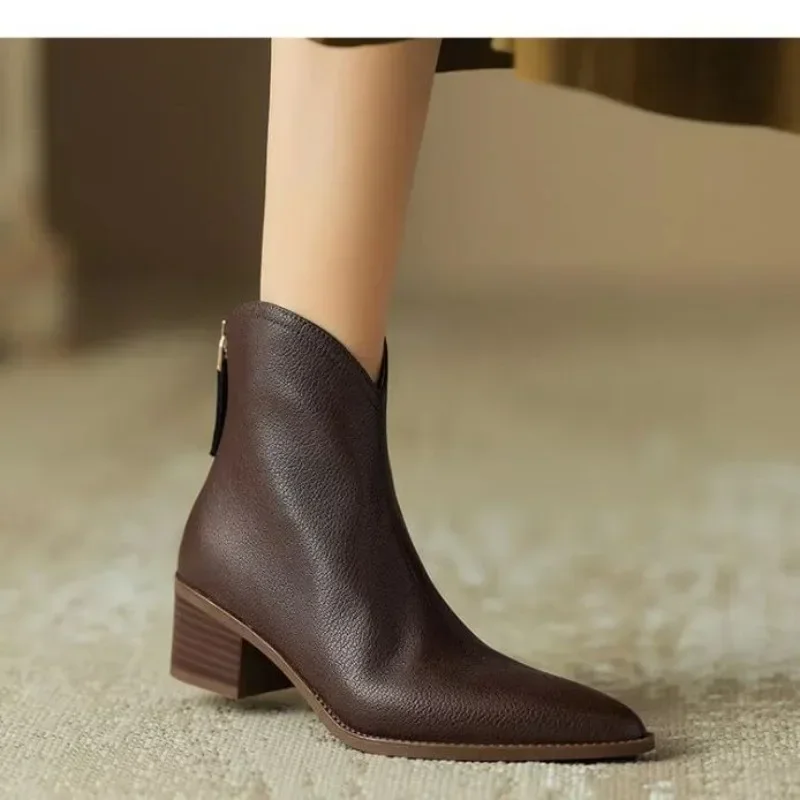 Botas de cuero partido para mujer, zapatos de tacón grueso con punta puntiaguda, botas cortas con cremallera Retro, botines de color albaricoque, novedad de otoño - imagen 2
