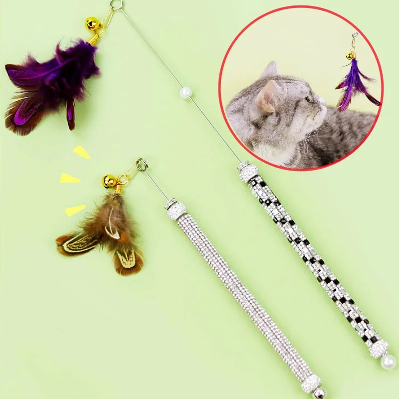 Juguete para gatos, palo de plumas, juguetes para gatos, mango retráctil interactivo, juguetes para gatos, palos de burlas, alambre de acero, juguete para gatos con campana