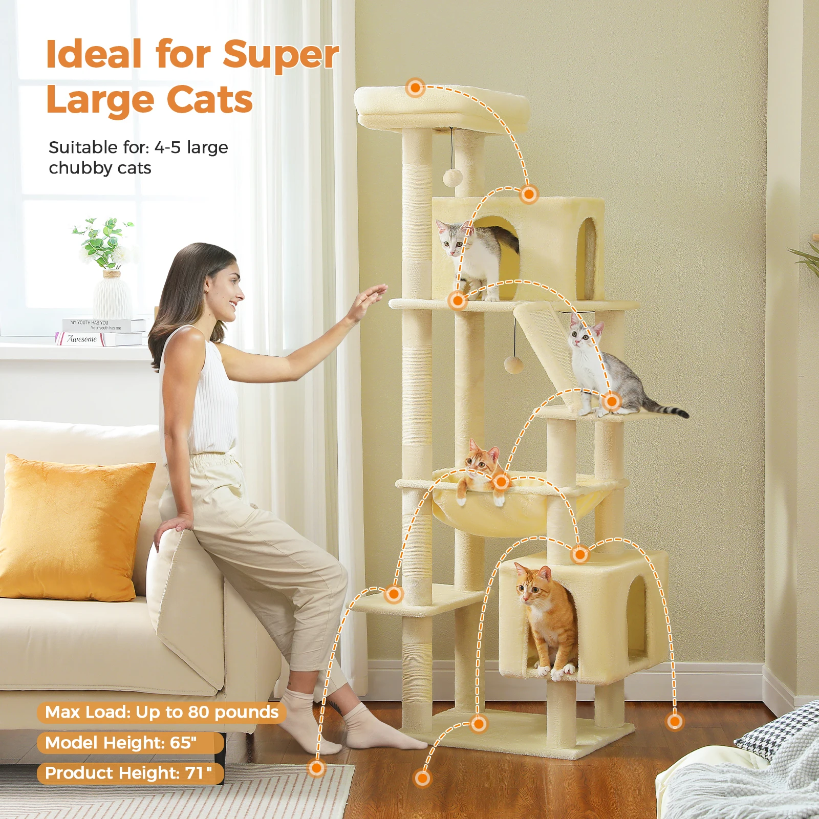 Árbol para gatos de varios niveles con 2 acogedores condominios, poste rascador de sisal, hamaca grande, torre de gato alta de lujo para gatos grandes, rascadora para gato, cama casa para gatos, juguetes para gatos - imagen 2