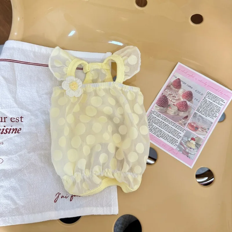 Vestido de verano con flores para mascotas, vestido de malla transparente con lunares para gatos, chaleco plisado con tirantes para el hombro, ropa para perros de peluche para perros pequeños - imagen 4